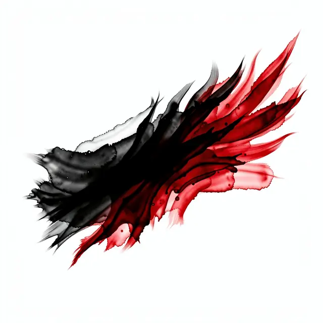 Feathery black and scarlet alcohol ink strokes spread outward across a plain white background