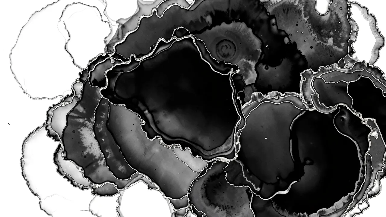 Abstract black and gray alcohol ink formations with thin light metallic outlines against a white background
