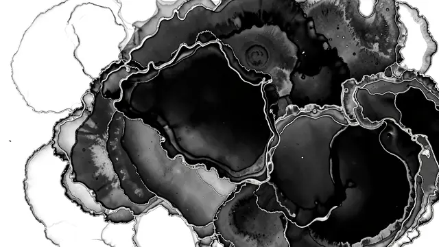 Abstract black and gray alcohol ink formations with thin light metallic outlines against a white background