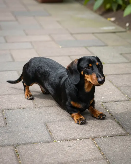 A black and tan dachshund rests on paved garden patio stones looking toward the camera.