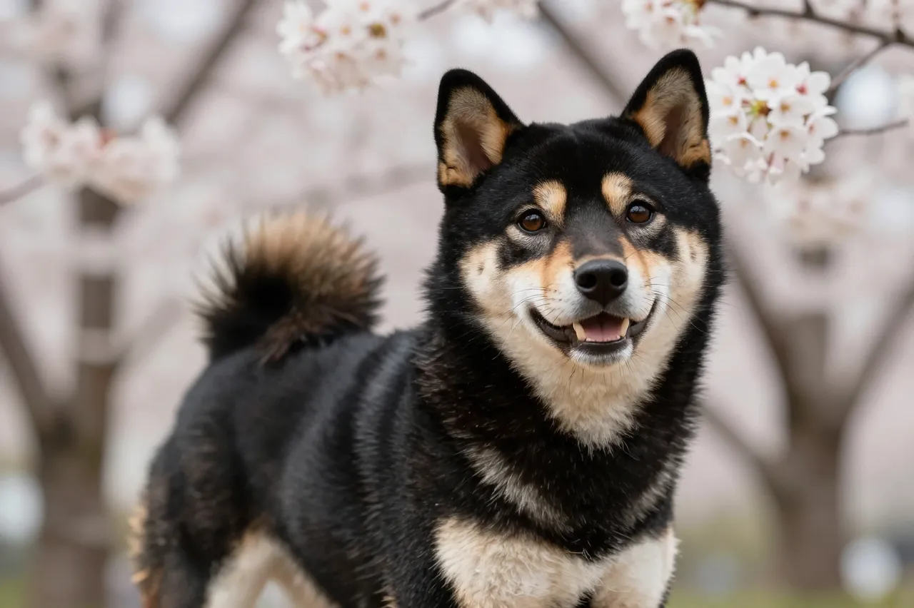 A friendly black and tan shiba inu stands looking at the camera beneath blooming cherry blossom branches.