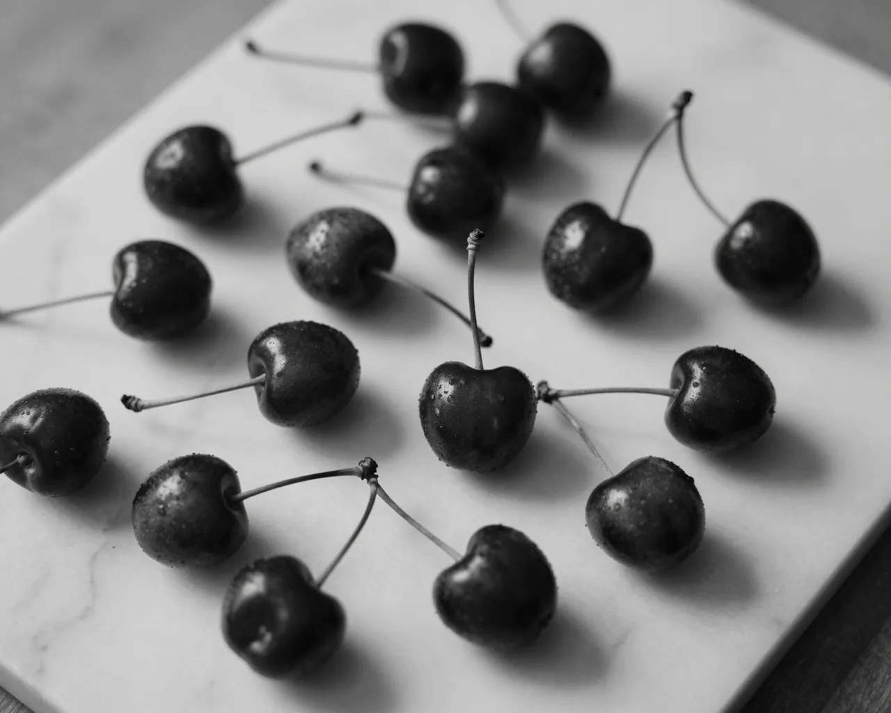 Scattered stemmed cherries rest on a veined marble slab in monochrome