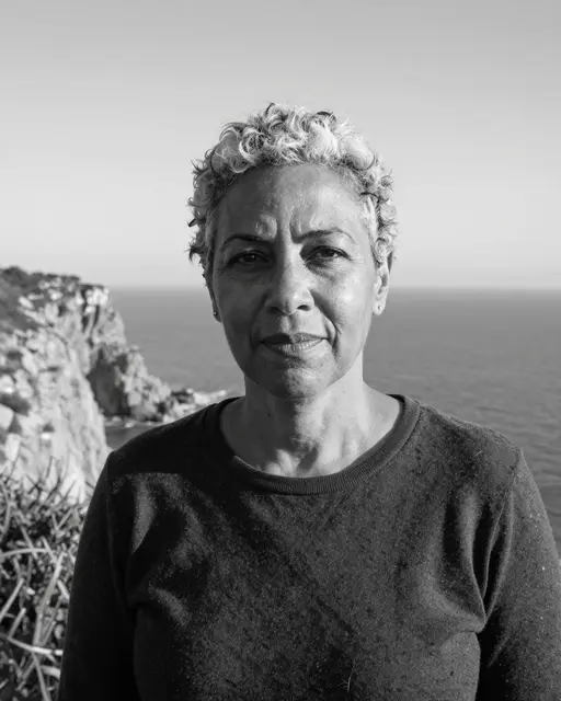 A mixed-race woman in her fifties with cropped gray hair stands on a windy sea cliff in black and white.