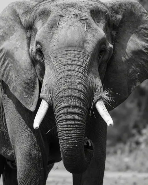 Close-up black and white portrait of an elephant facing the camera with grass caught near its tusks