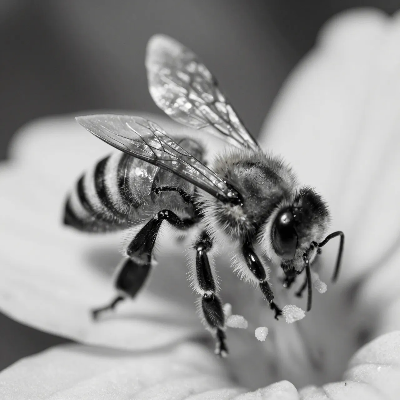 Close up black and white macro shot of a honeybee resting on a flower with visible wing veins and fine hairs