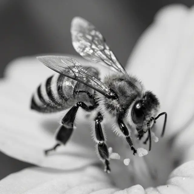 Close up black and white macro shot of a honeybee resting on a flower with visible wing veins and fine hairs