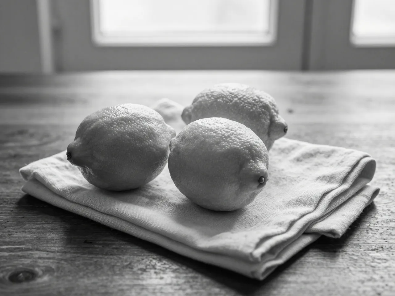 Three lemons rest on a folded linen napkin atop a dark wooden table lit by soft window light.