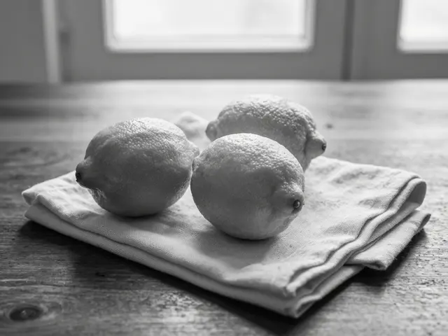 Three lemons rest on a folded linen napkin atop a dark wooden table lit by soft window light.