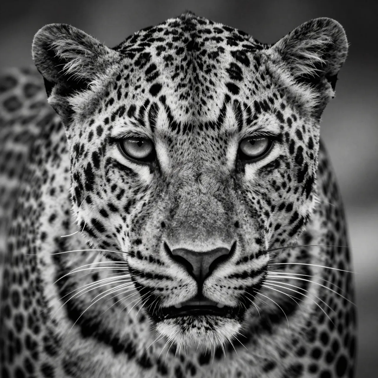 Close-up black and white portrait of a leopard's face with pale eyes and distinct rosette markings