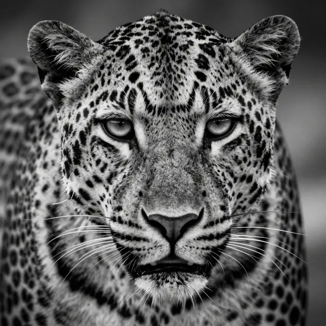 Close-up black and white portrait of a leopard's face with pale eyes and distinct rosette markings