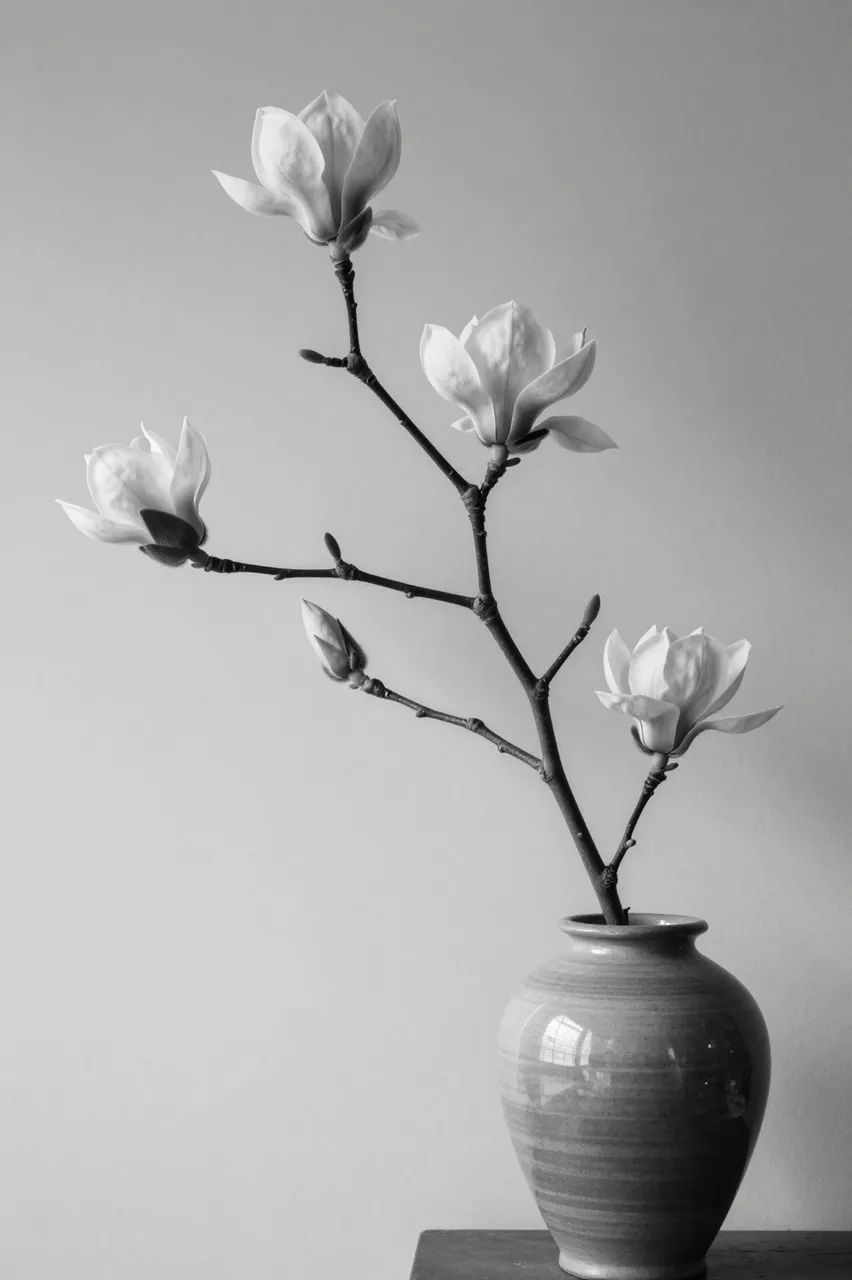 A magnolia branch with open blooms and a bud sits in a ceramic vase against a plain wall.
