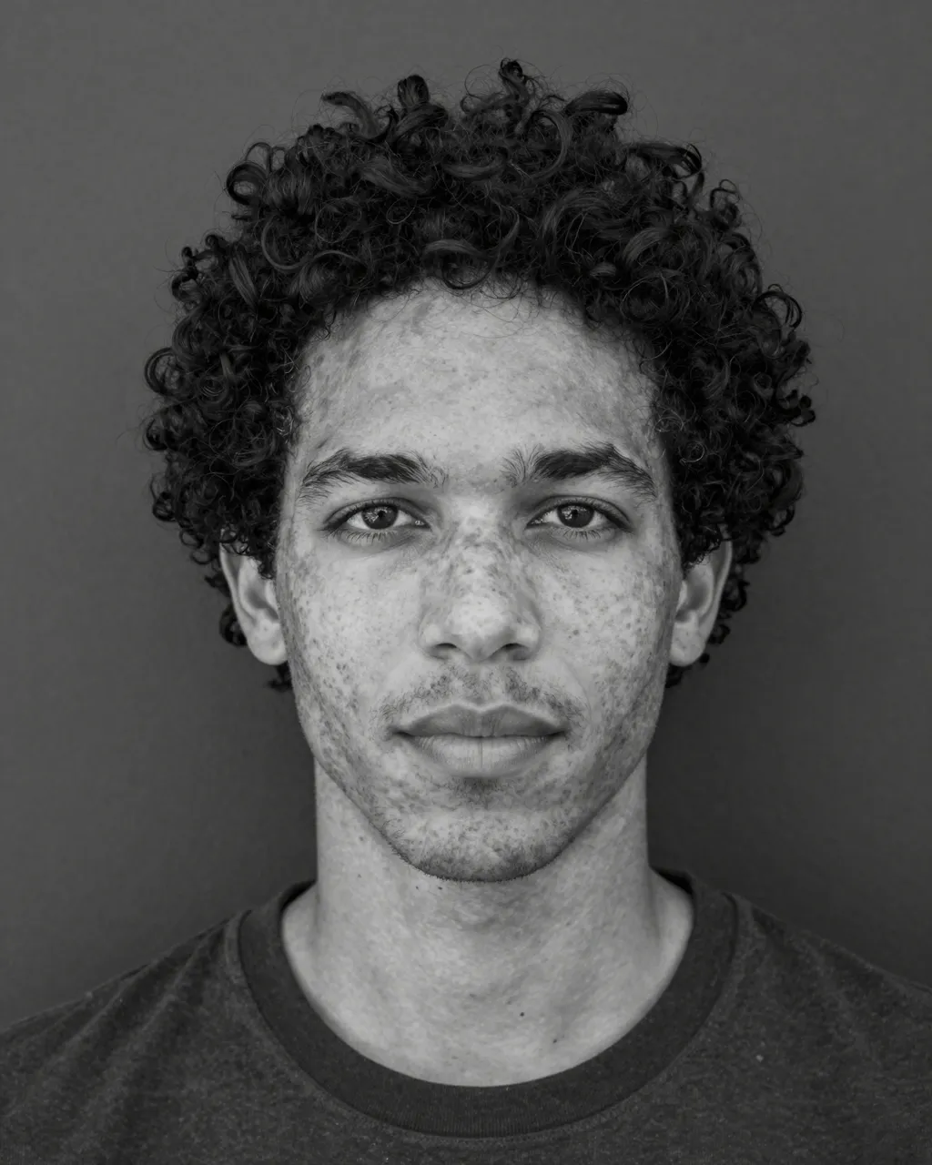 Black and white close-up portrait of a mixed-race man with curly hair and freckles against a plain dark wall