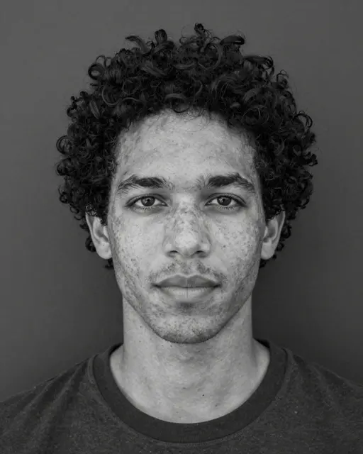 Black and white close-up portrait of a mixed-race man with curly hair and freckles against a plain dark wall