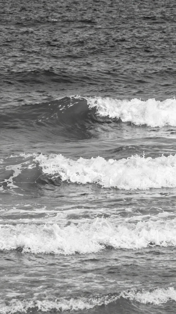 Vertical black and white view of rolling, breaking ocean waves with bright frothy surf.