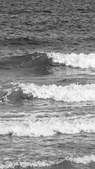 Vertical black and white view of rolling, breaking ocean waves with bright frothy surf.
