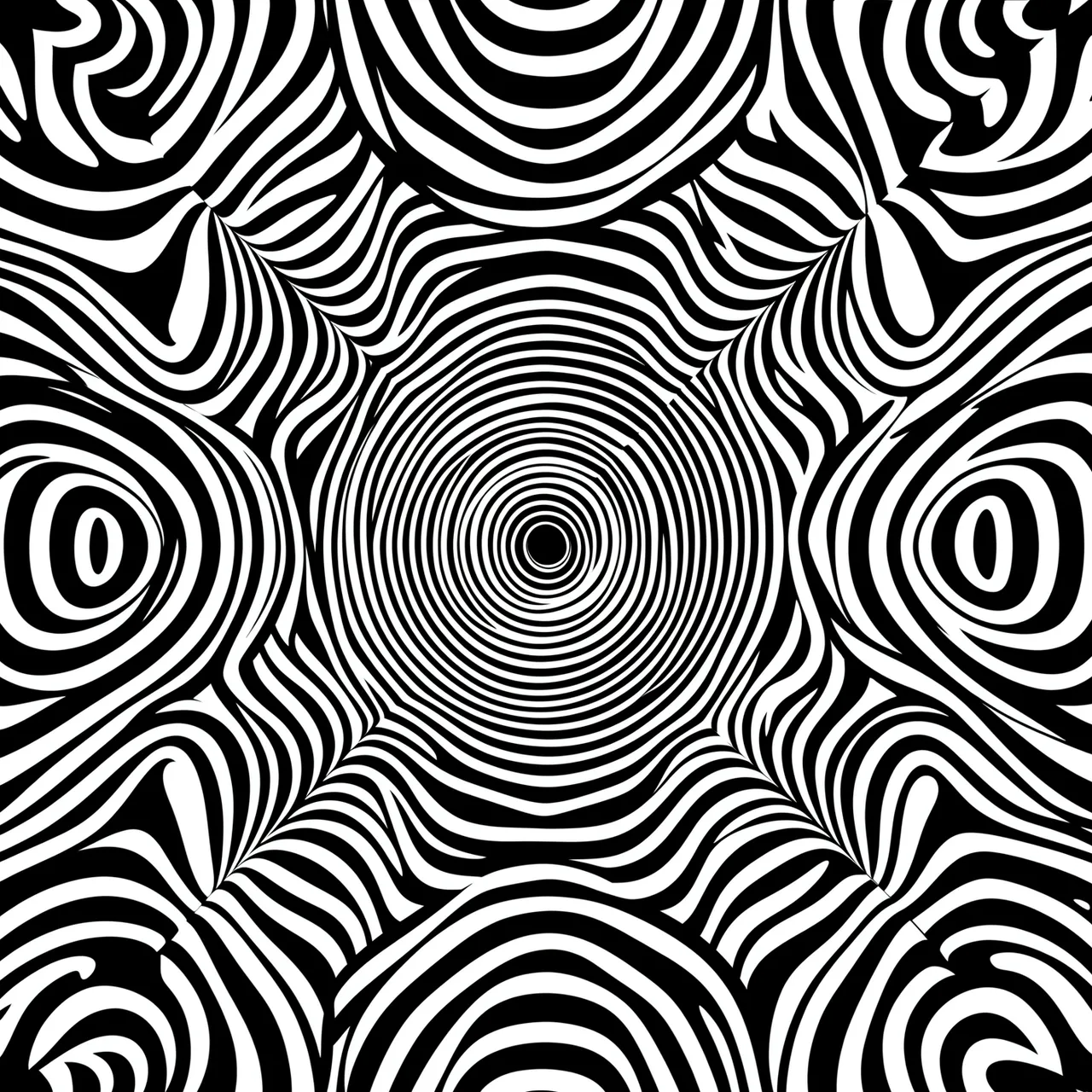 A high contrast black and white op art pattern with concentric swirling lines creating a vortex optical illusion.