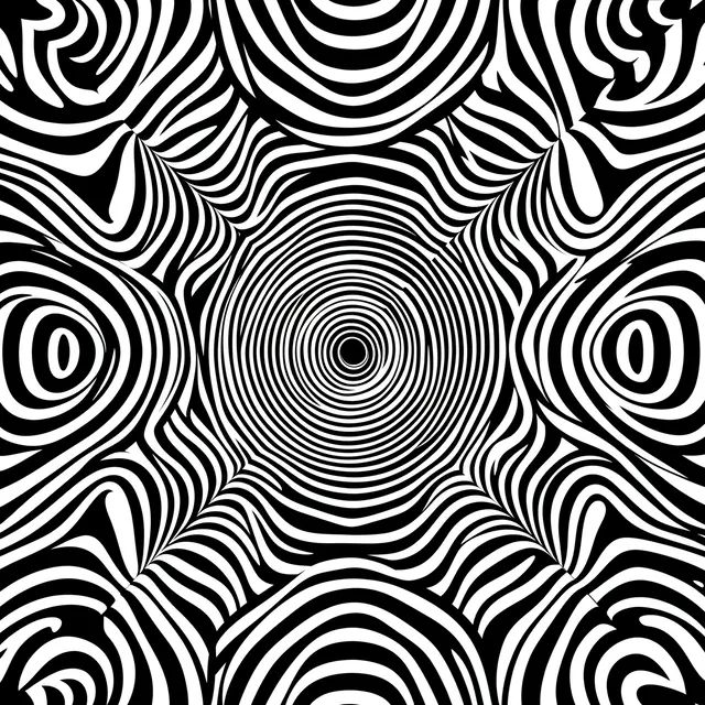 A high contrast black and white op art pattern with concentric swirling lines creating a vortex optical illusion.