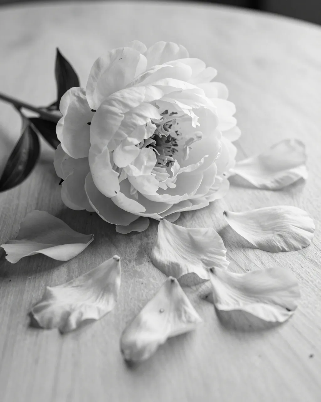 A full blooming peony rests on a wooden table with scattered fallen petals in monochrome.