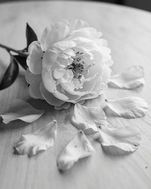 A full blooming peony rests on a wooden table with scattered fallen petals in monochrome.