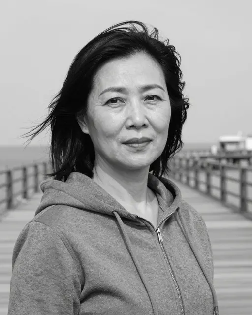 Middle-aged East Asian woman with wind-blown hair stands on a wooden pier in black and white.