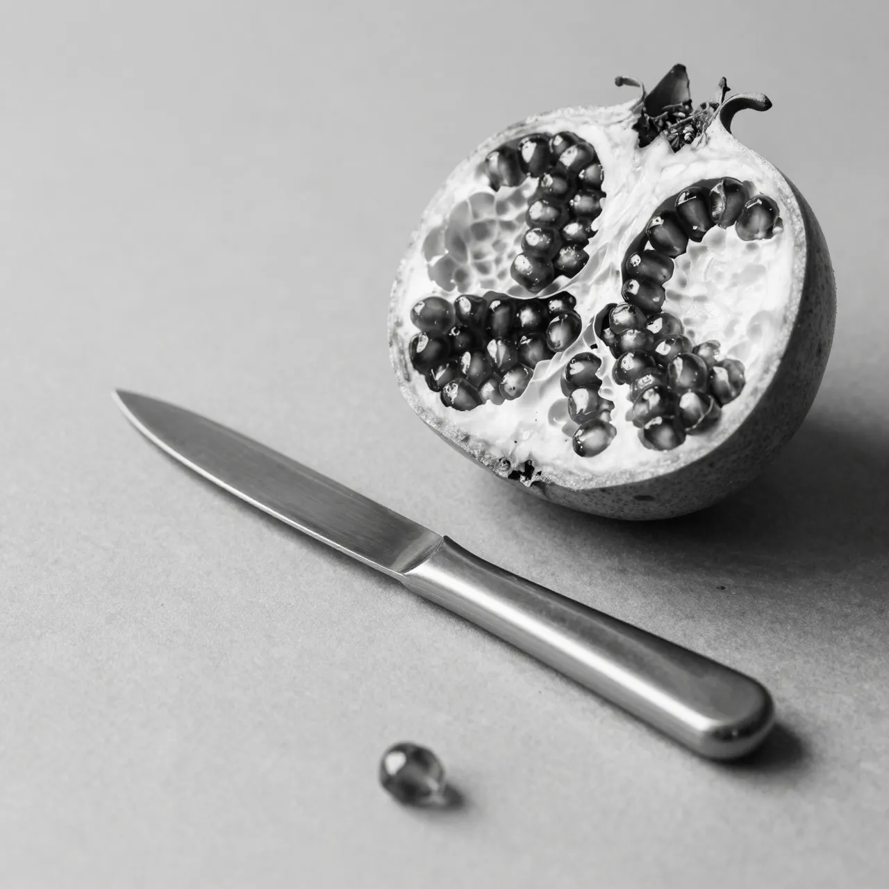 Halved glistening pomegranate rests beside a metal paring knife on a smooth neutral surface