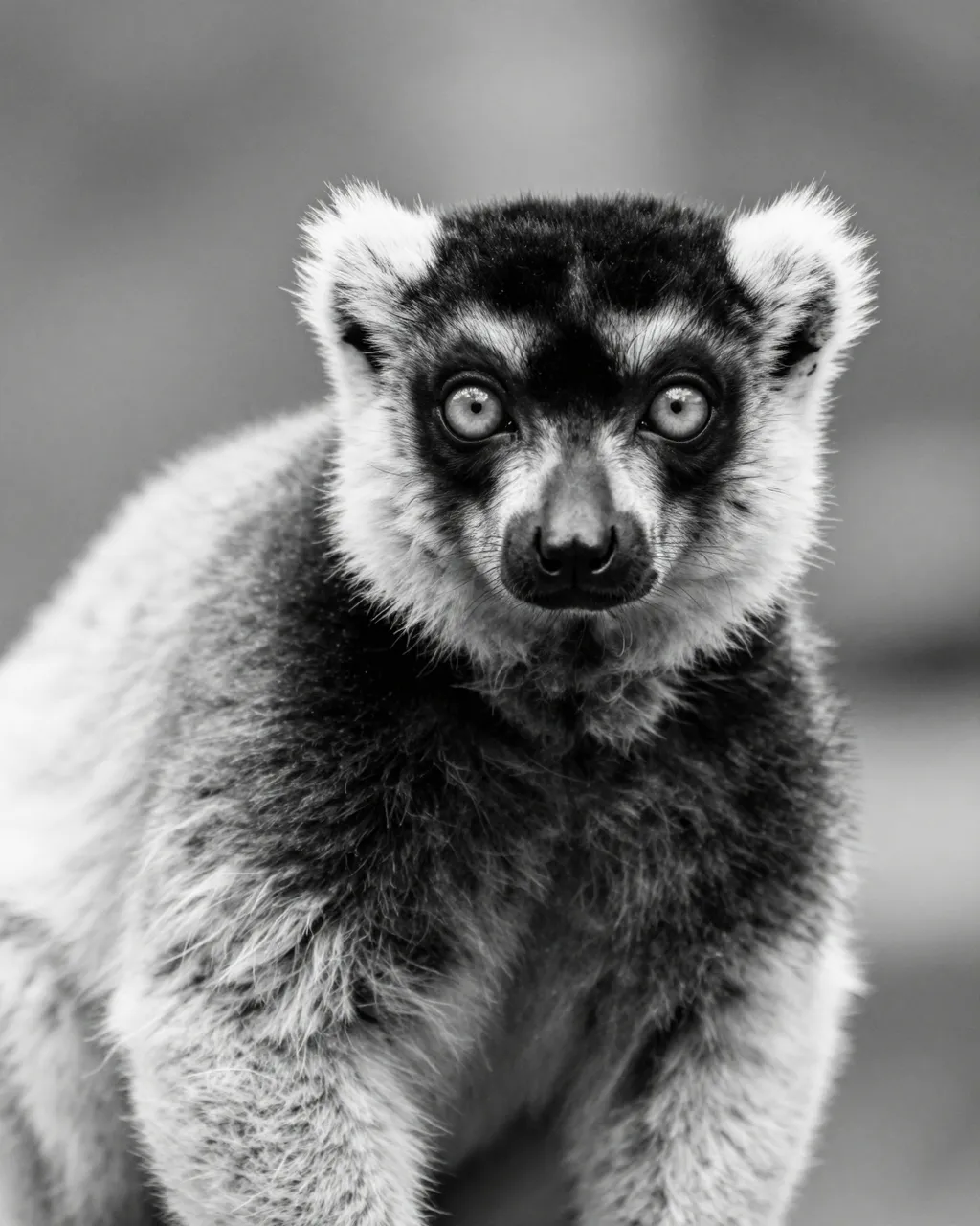 Close-up black and white portrait of a ruffed lemur looking directly at the camera against a blurred background