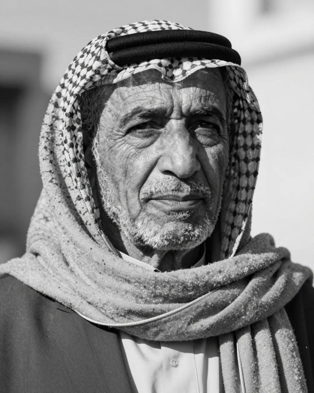 Monochrome close-up portrait of an elderly Middle Eastern man wearing a keffiyeh and wool scarf in low sunlight.