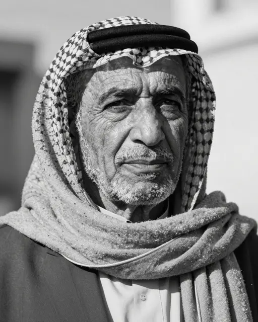 Monochrome close-up portrait of an elderly Middle Eastern man wearing a keffiyeh and wool scarf in low sunlight.