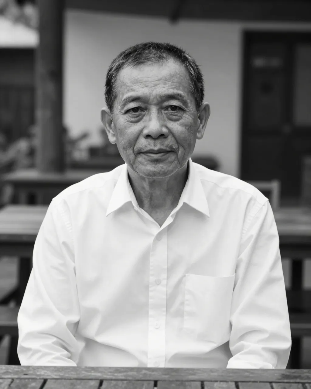 A monochrome portrait of an older Southeast Asian man in a white shirt seated at a wooden courtyard table