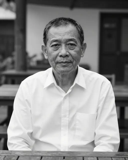 A monochrome portrait of an older Southeast Asian man in a white shirt seated at a wooden courtyard table