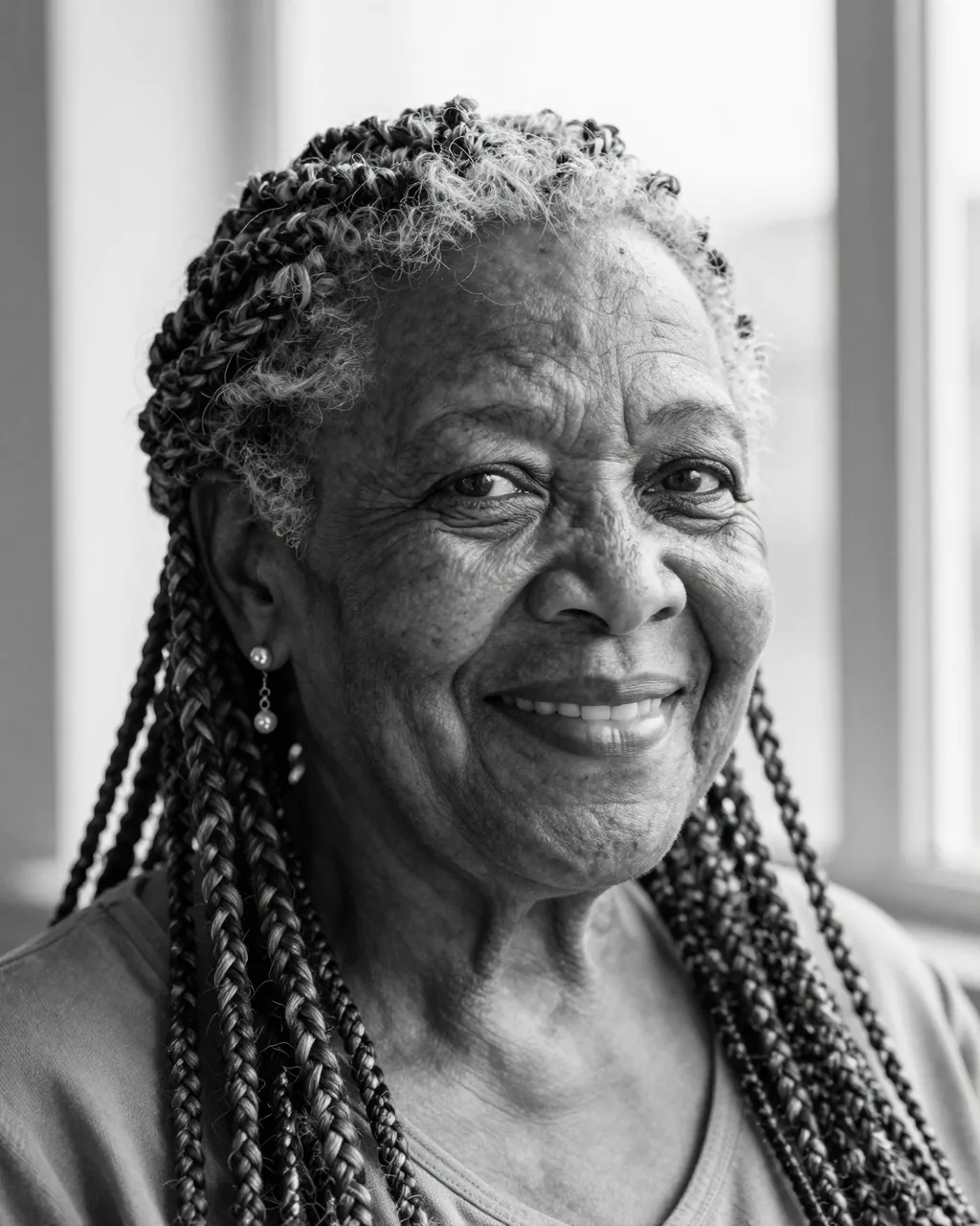 Black and white close-up portrait of a smiling older Black woman with silver-streaked braids by a sunlit window.
