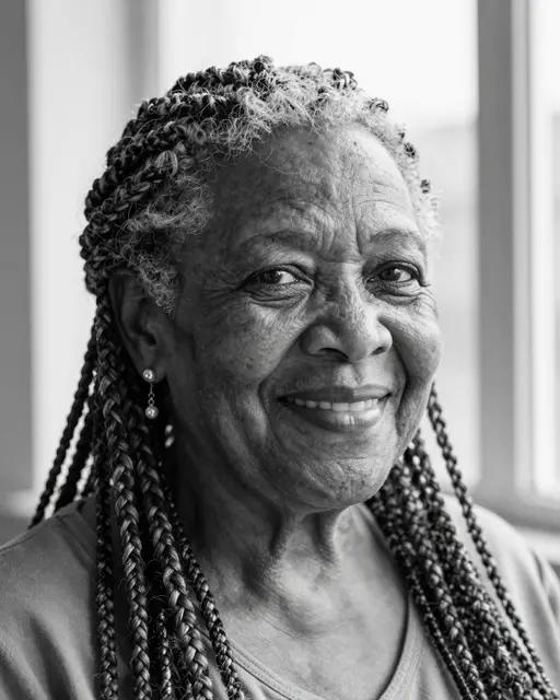 Black and white close-up portrait of a smiling older Black woman with silver-streaked braids by a sunlit window.