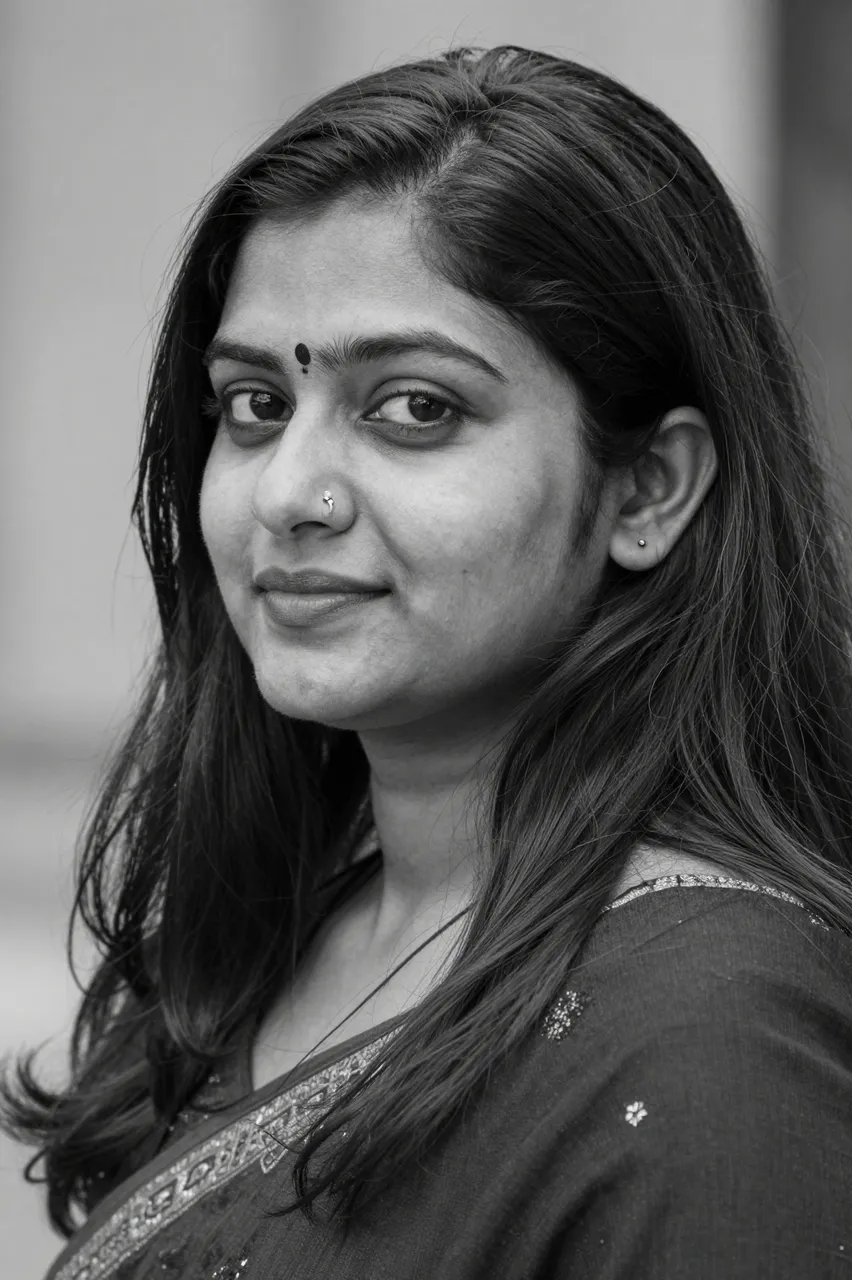 Monochrome close-up portrait of a South Asian woman with a nose ring and long hair, looking at the camera