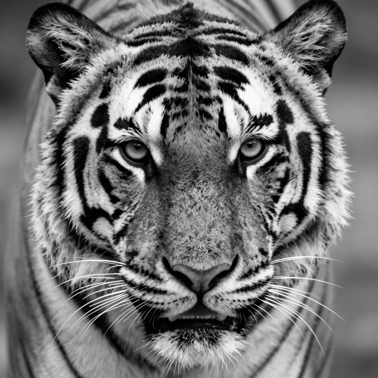 Monochrome close-up portrait of a tiger's face looking directly at the camera with bright eyes
