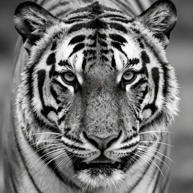 Monochrome close-up portrait of a tiger's face looking directly at the camera with bright eyes