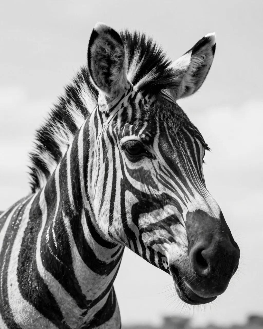 Close-up black and white portrait of a zebra's head, mane, and ears against a pale sky