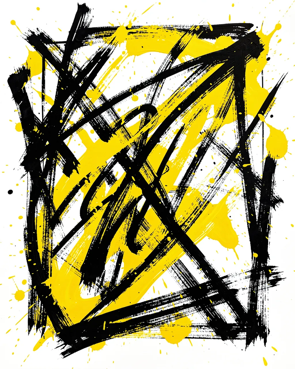 Bold intersecting black brushstrokes and bright yellow paint splatters on a white background