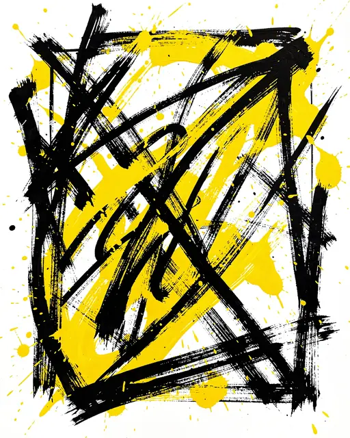 Bold intersecting black brushstrokes and bright yellow paint splatters on a white background