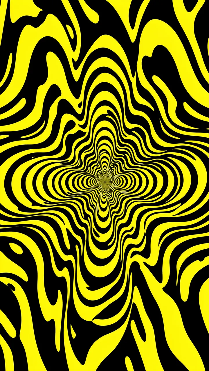Vertical op art pattern of wavy warped yellow and black concentric rings radiating from an off-center point