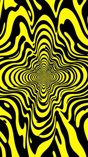 Vertical op art pattern of wavy warped yellow and black concentric rings radiating from an off-center point