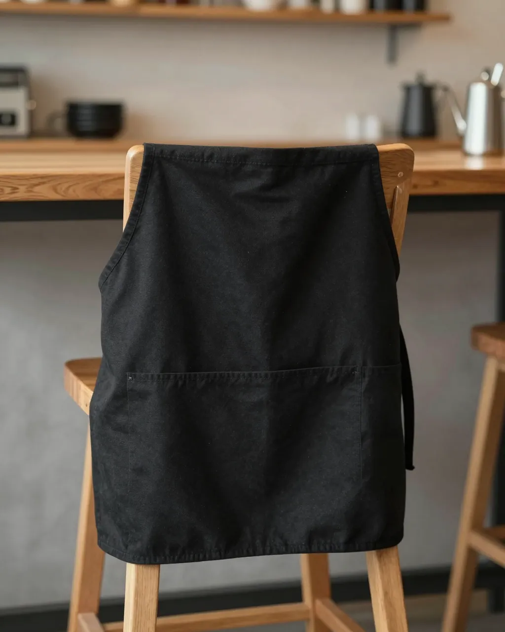 Plain black canvas apron draped over a wooden stool in a modern cafe kitchen