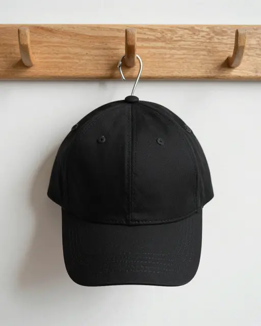 Plain black baseball cap hangs from a hook on a wooden wall coat rack against a light wall