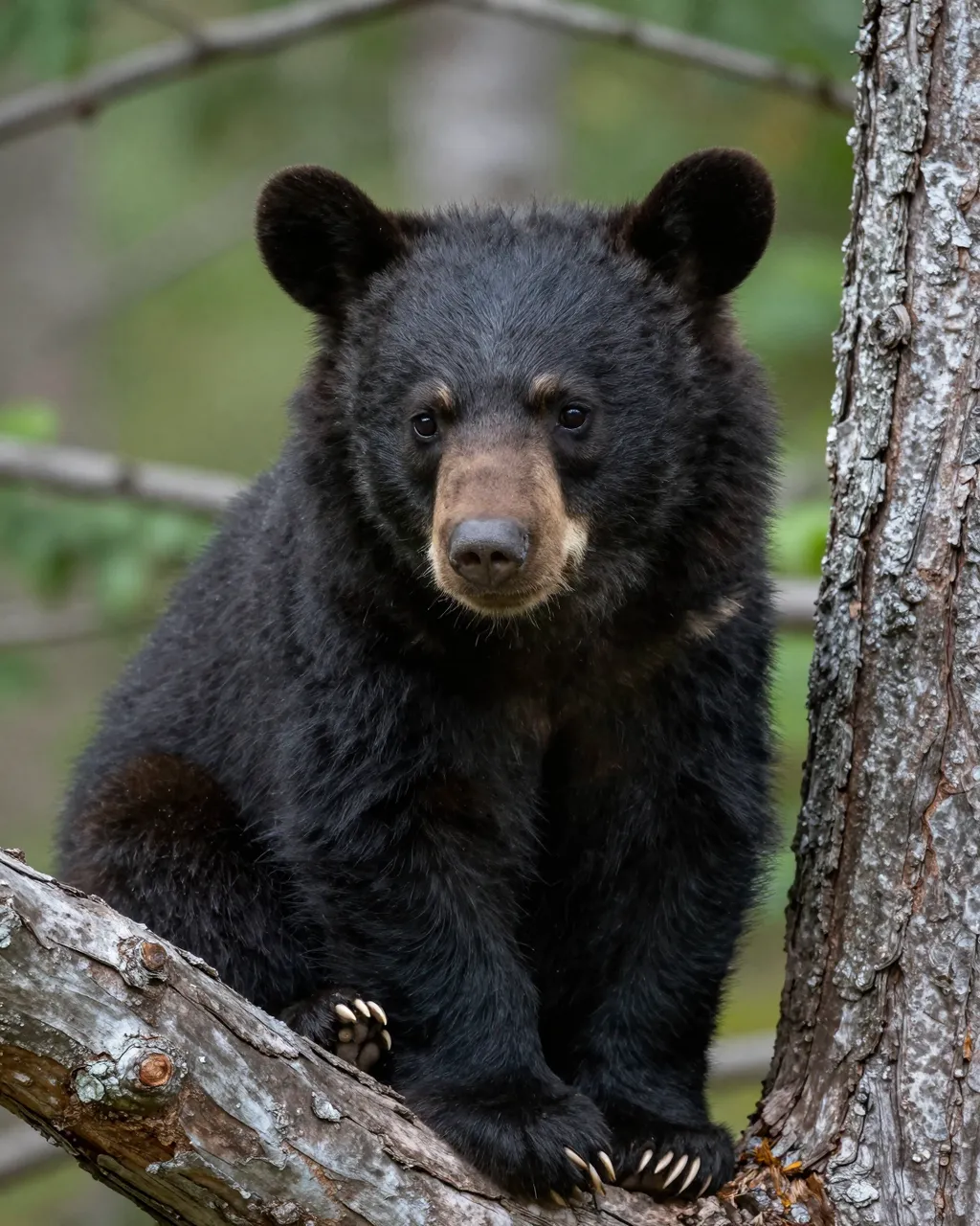 A fluffy black bear cub sits perched on a thick tree branch facing the camera.