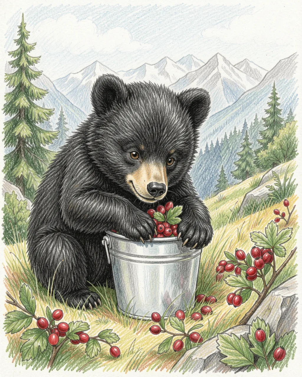 Colored pencil drawing of a cute black bear cub sitting on a mountain slope next to a metal bucket full of red berries