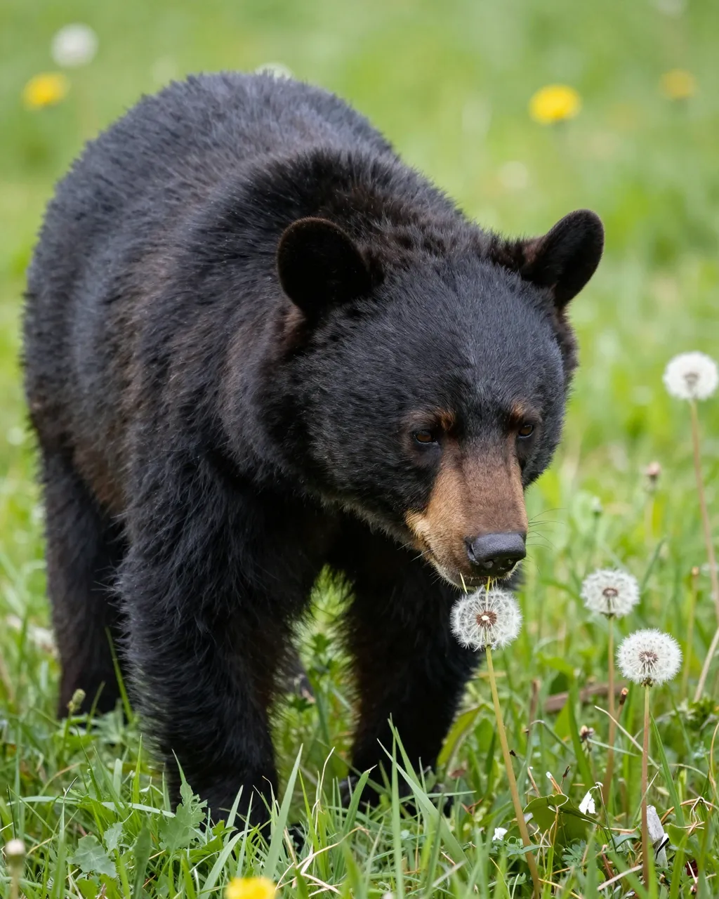 A black bear with a tan muzzle stands in a grassy meadow close to dandelion seed heads.