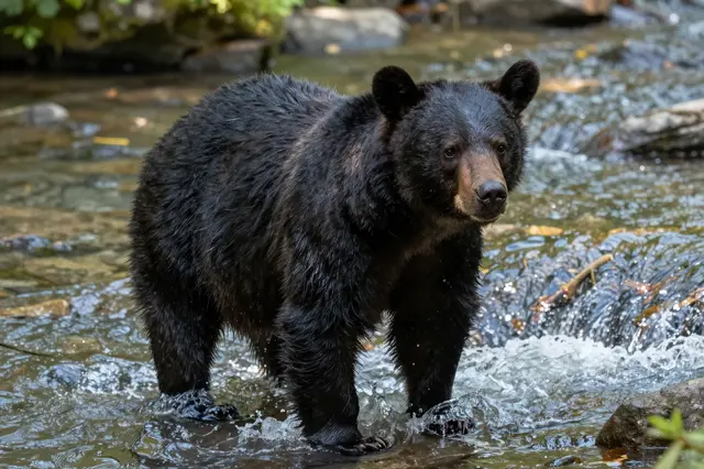 A wet glossy-coated black bear stands in rushing shallow forest creek water under dappled morning light