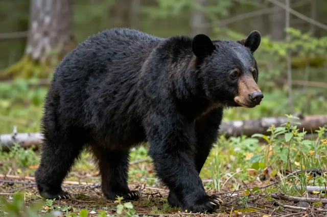 A black bear walks slowly across the leafy floor of a dense green forest
