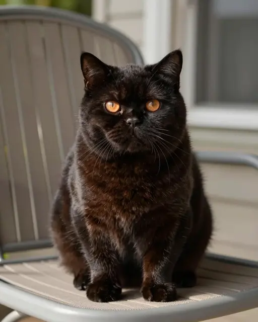 A black British Shorthair cat with round copper eyes sits upright on a sunny patio porch chair.