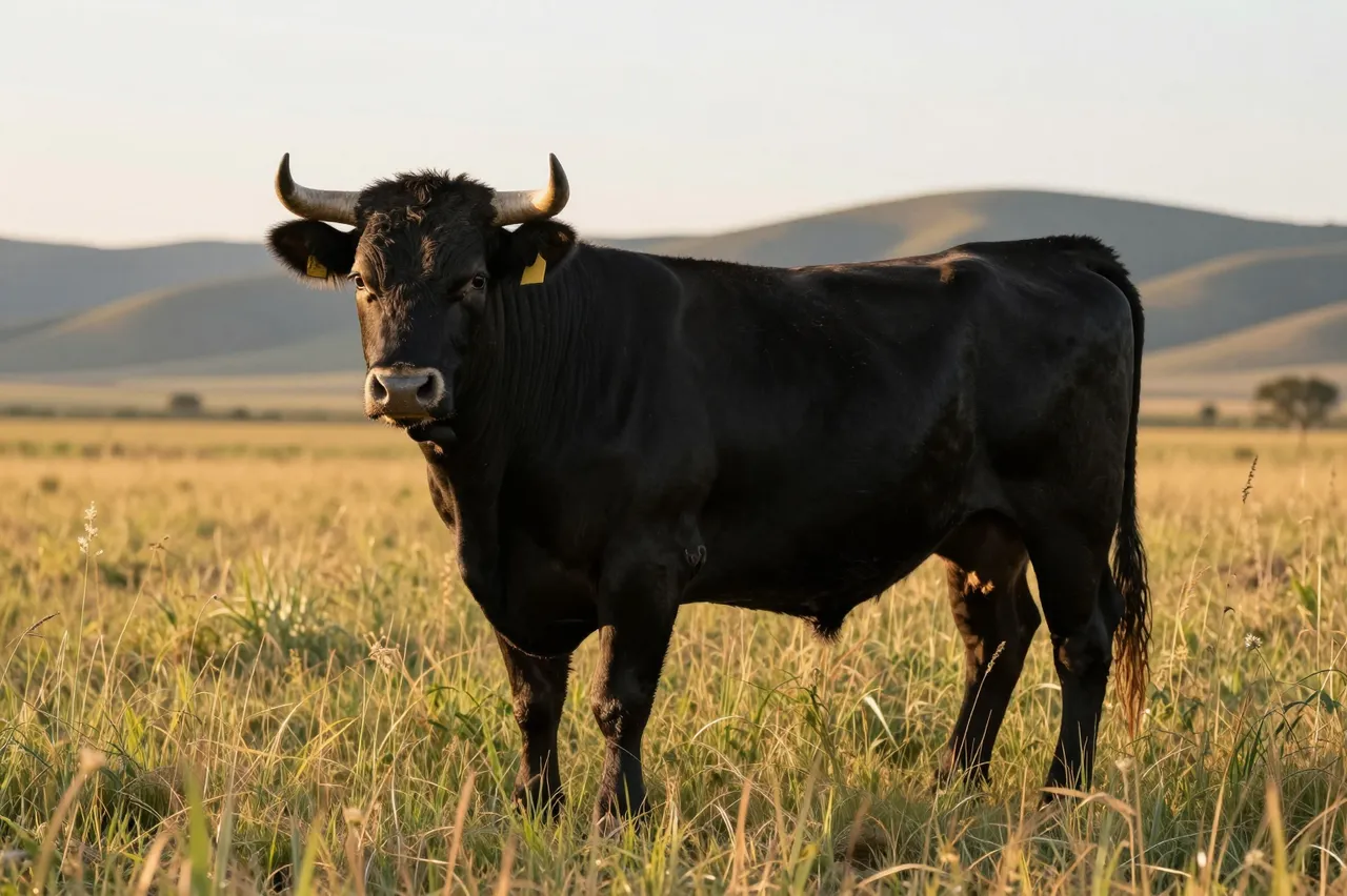 A black horned bull stands in tall sunlit prairie grass with rolling hills behind it at golden hour.