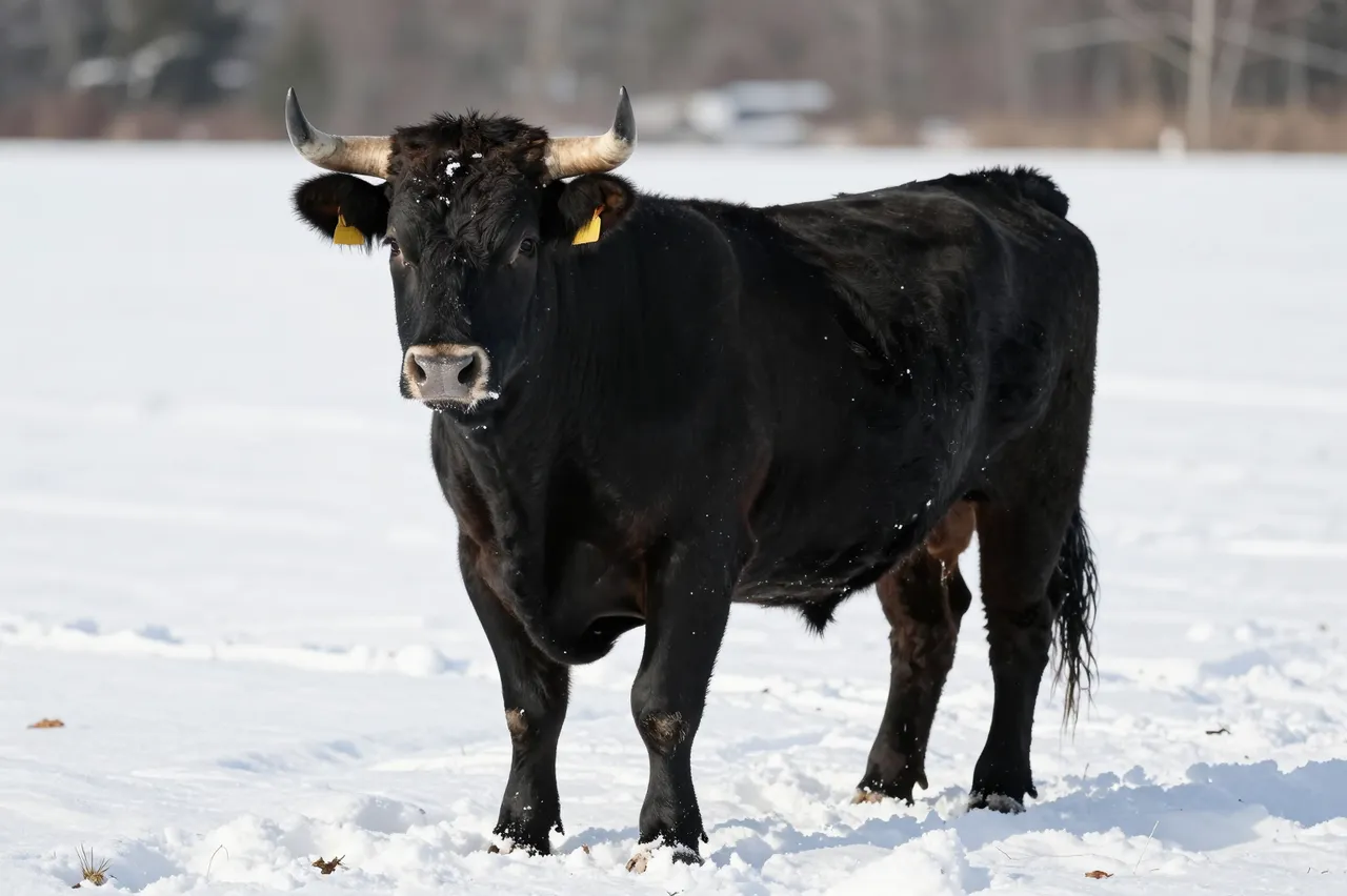 A horned black bull with yellow ear tags stands facing the camera in a wide snow-covered field